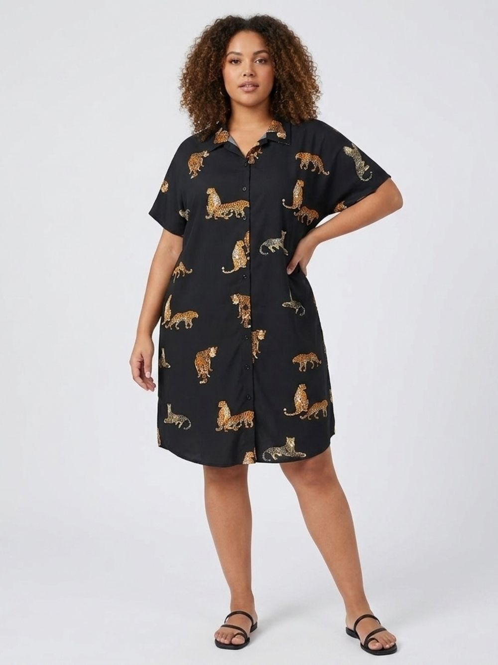 Forest Green Leopard-Print button down Shirt Dress with Gold Accents 4XL